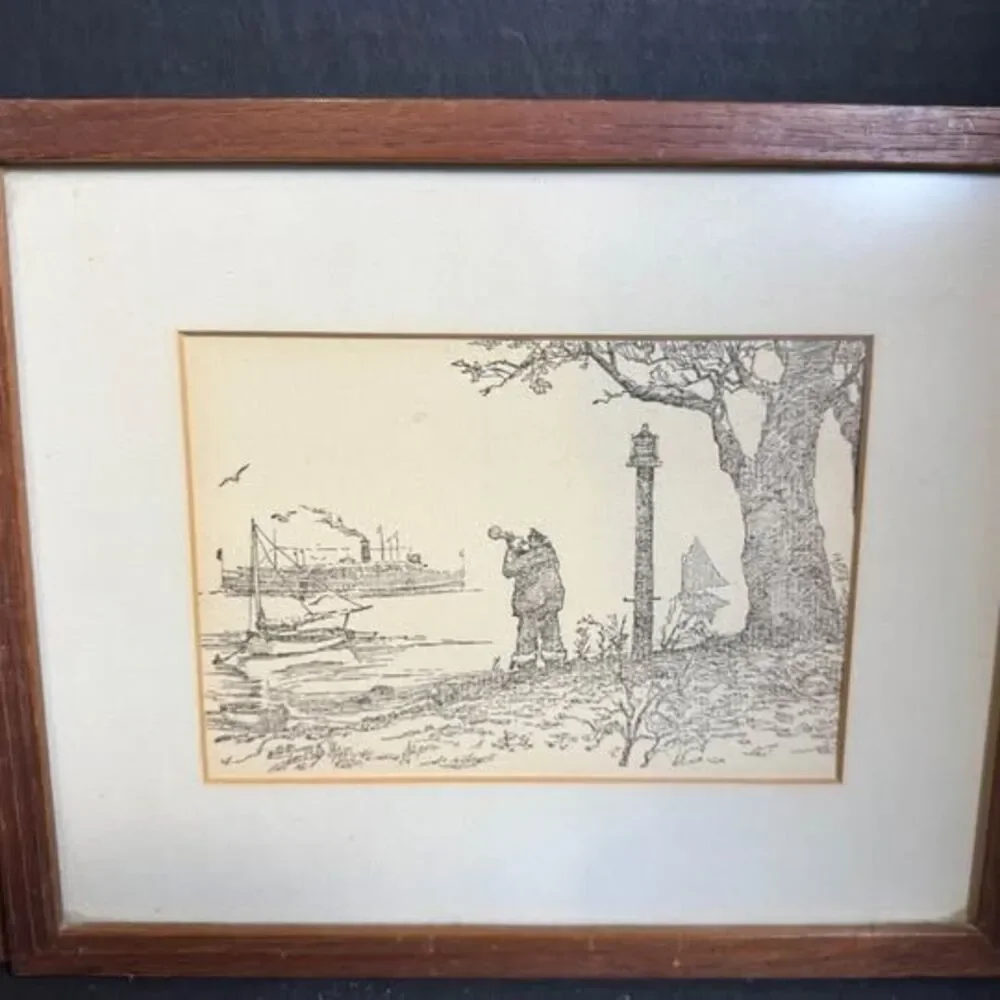 Pair of Vintage Nautical Ink Etchings in Wood Frames [Art 444]